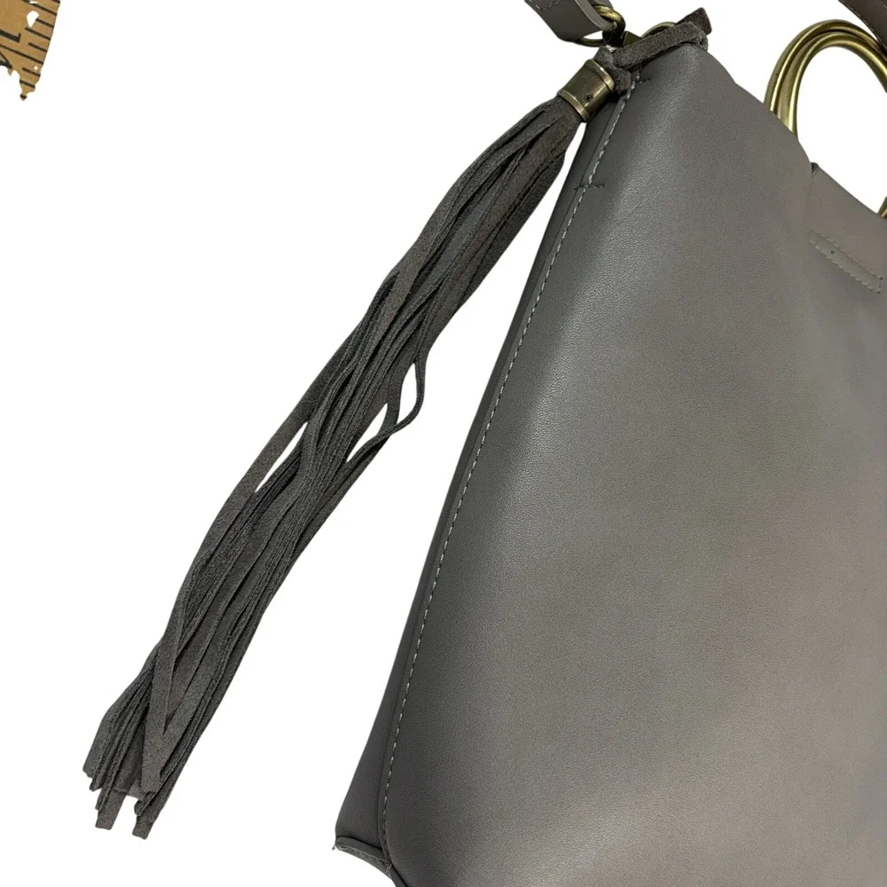 Street Level for Anthropologie Vegan Leather Ring Handle Tote Bag‎ Gray Tassel